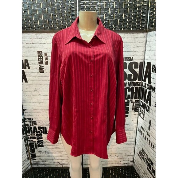 East 5th Plus 1X Red Metallic Striped Button Down Collar Long Sleeve Shirt - Picture 1 of 5